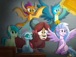 Size: 1033x774 | Tagged: safe, artist:lordshrekzilla20, derpibooru import, gallus, ocellus, sandbar, silverstream, smolder, yona, changedling, changeling, dragon, earth pony, griffon, hippogriff, yak, fanfic:a king to a god, caught, stowaway, student six