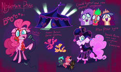 Size: 4000x2400 | Tagged: safe, artist:janegumball, derpibooru import, pinkie pie, bat pony, earth pony, pegasus, pony, unicorn, g4, balloon, balloon animal, circus tent, clown, ears, eternal night au (janegumball), eye twitch, fangs, female, filly, floppy ears, foal, food, grin, gritted teeth, high res, horn, hypnosis, hypnotized, mare, microphone, nightmare pinkie, nightmarified, smiling, swirly eyes, teeth, text, tomato