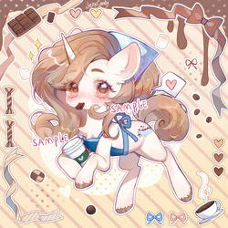 Size: 2000x2000 | Tagged: safe, artist:jelly-candy, derpibooru import, oc, oc only, pony, unicorn, apron, blushing, chocolate, chocolate bar, clothes, coffee, coffee cup, cup, cute, food, heart, holding in mouth, horn, marshmallow, ocbetes, ribbon, speech bubble, striped background, unnamed oc