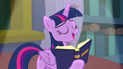 Size: 1200x675 | Tagged: safe, derpibooru import, screencap, twilight sparkle, twilight sparkle (alicorn), alicorn, book, eyes closed, solo, that pony sure does love books