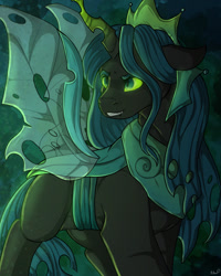 Size: 1024x1280 | Tagged: safe, artist:binibean, derpibooru import, queen chrysalis, changeling, changeling queen, female, glowing, glowing horn, grin, head turn, horn, smiling, solo, ultimate chrysalis