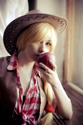 Size: 600x900 | Tagged: safe, artist:chiffafoxy, derpibooru import, applejack, human, apple, clothes, cosplay, costume, food, irl, irl human, photo, solo