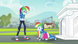 Size: 3840x2160 | Tagged: safe, artist:octosquish7260, derpibooru import, rainbow dash, human, equestria girls, equestria girls series, g4, boots, canterlot high, clothes, double rainbow, female, geode of super speed, grass, hoodie, humans doing horse things, jacket, leggings, looking at each other, looking at someone, magical geodes, pants, pony to human, portal, portal to equestria, rainbow socks, self paradox, shirt, shoes, skirt, sneakers, socks, species swap, standing, striped socks, t-shirt, teenager, transformation, vest, wristband