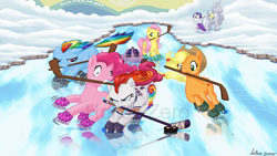 Size: 640x360 | Tagged: safe, applejack, fluttershy, pinkie pie, rainbow dash, rarity, twilight sparkle, ice hockey, ice skates