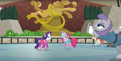 Size: 1918x975 | Tagged: safe, maud pie, pinkie pie, rarity, earth pony, unicorn, the gift of the maud pie, ice skating