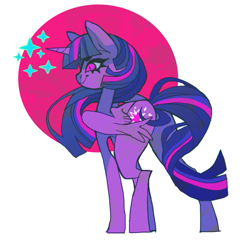 Size: 797x765 | Tagged: safe, artist:cutesykill, derpibooru import, twilight sparkle, twilight sparkle (alicorn), alicorn, pony, g4, alternate eye color, beanbrows, big ears, concave belly, ears, eyebrows, female, horn, long legs, long neck, mare, multicolored mane, multicolored tail, no catchlights, passepartout, pink eyes, profile, purple coat, shrunken pupils, simple background, slender, smiling, solo, sparkles, standing, straight mane, straight tail, tail, thin, thin legs, unicorn horn, white background