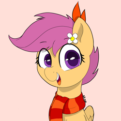 Size: 1378x1378 | Tagged: safe, artist:riverdawn404, derpibooru import, scootaloo, pegasus, pony, g4, clothes, female, red background, scarf, simple background, solo, striped scarf