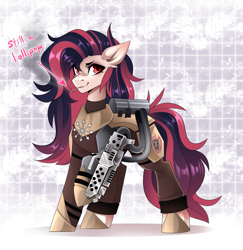 Size: 2240x2307 | Tagged: safe, artist:buvanybu, derpibooru import, oc, oc only, oc:melody heartburn, earth pony, armor, candy, chaos star, earth pony oc, ergonomics, female, flamethrower, food, fuel tank, lollipop, not a cigarette, soldier, solo, weapon