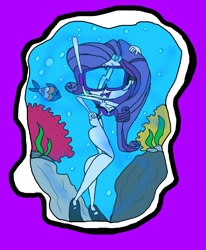 Size: 2404x2924 | Tagged: safe, artist:bludinimax, derpibooru import, rarity, fish, human, equestria girls, g4, bikini, bikini bottom, bikini top, bra, breasts, bubble, cleavage, clothes, coral, female, flowing mane, ocean, raritits, seaweed, snorkel, snorkeling, stylized, swimming, swimsuit, underwater, underwear, water