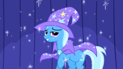 Size: 1280x720 | Tagged: safe, derpibooru import, screencap, trixie, pony, unicorn, boast busters, g4, cape, clothes, female, hat, horn, mare, solo, trixie's cape, trixie's hat