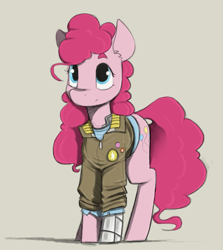 Size: 1461x1639 | Tagged: safe, artist:sinrar, derpibooru import, pinkie pie, earth pony, g4, alternate universe, clothes, cybernetic legs, cyberpunk, female, jacket, simple background, tan background