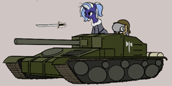 Size: 553x279 | Tagged: safe, artist:alexi148, derpibooru import, oc, oc only, oc:hind, earth pony, pony, unicorn, foxhole(game), horn, magic, sword, tank (vehicle), telekinesis, weapon