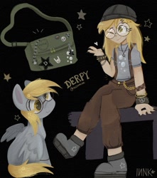 Size: 1200x1356 | Tagged: safe, artist:inzomniak, derpibooru import, derpy hooves, human, pegasus, pony, g4, abstract background, alternate design, bag, beanie, clothes, cutie mark on clothes, female, floating heart, freckles, glasses, handbag, hat, heart, human ponidox, humanized, meganekko, one eye closed, overalls, round glasses, self paradox, self ponidox, solo, spiked wristband, stars, wristband