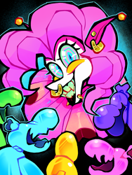 Size: 3000x4000 | Tagged: safe, artist:st_moloch, derpibooru import, pinkie pie, earth pony, pony, g4, black background, clown makeup, clown outfit, colored eyelashes, colored sclera, colored teeth, confetti, confetti in mane, curly hair, curly mane, eternal night au (janegumball), evil grin, female, grin, long mane, long tail, mare, nightmare pinkie, nightmarified, simple background, slasher smile, smiling, swirly eyes, tail