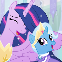 Size: 1280x1280 | Tagged: safe, derpibooru import, edit, edited screencap, screencap, princess twilight 2.0, trixie, twilight sparkle, twilight sparkle (alicorn), alicorn, pony, unicorn, g4, accessory theft, crown, eyes closed, horn, jewelry, older, older trixie, older twilight, older twilight sparkle (alicorn), open mouth, open smile, regalia, smiling