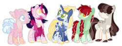 Size: 2470x930 | Tagged: safe, artist:ratunknown, derpibooru import, oc, oc only, oc:applebite, oc:cotton clouds, oc:everlasting dawn, oc:moonlit twinkle, oc:vanilla bean, hybrid, pony, base used, body freckles, coat markings, colored pupils, female, freckles, hidden eyes, interspecies offspring, magical gay spawn, magical lesbian spawn, magical threesome spawn, mare, multiple parents, offspring, parent:applejack, parent:big macintosh, parent:fluttershy, parent:party favor, parent:princess skystar, parent:starlight glimmer, parent:sugar belle, parent:sunset shimmer, parent:trixie, parent:twilight sparkle, parents:fluttermac, parents:mudsandwich, parents:tripplejack, parents:twishimmerglimmer, simple background, small wings, transparent background, unshorn fetlocks, wings