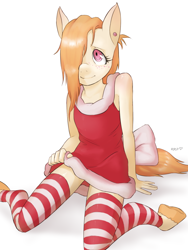 Size: 1050x1400 | Tagged: safe, artist:the-rasp-b, derpibooru import, oc, oc only, anthro, anthro oc, clothes, ear piercing, female, freckles, hair over one eye, piercing, signature, simple background, socks, solo, stockings, striped socks, thigh highs, white background