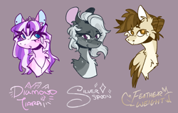 Size: 1280x818 | Tagged: safe, artist:kinda-lost, derpibooru import, diamond tiara, featherweight, silver spoon, earth pony, pegasus, pony, g4, bust, cheek fluff, chest fluff, female, looking at you, male, mare, name, older, older diamond tiara, older featherweight, older silver spoon, purple background, simple background, smiling, smiling at you, stallion