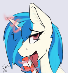Size: 800x859 | Tagged: safe, artist:slendidnt, derpibooru import, dj pon-3, vinyl scratch, pony, unicorn, g4, bust, candy, candy cane, drool, female, food, glowing, glowing horn, horn, licking, magic, mare, open mouth, signature, simple background, solo, tongue, tongue out