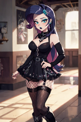 Size: 1024x1536 | Tagged: safe, ai content, derpibooru import, editor:sammykun, generator:yodayo, machine learning generated, rarity, human, g4, ankle boots, bare shoulders, belt, black dress, boots, breasts, choker, cleavage, clothes, detached sleeves, dress, ear piercing, earring, emotionless, female, fishnet clothing, fishnet pantyhose, fishnet stockings, full body, garter straps, goth, gothic, human female, humanized, jacket, jewelry, leather, leather boots, little black dress, long hair, long sleeves, looking at you, midriff, outdoors, outfit, pantyhose, piercing, prompter:sammykun, punk, raritits, reasonably sized breasts, ribcage, shoes, skirt, slender, socks, solo, stockings, straps, thigh highs, thin