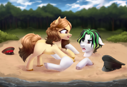 Size: 2321x1587 | Tagged: safe, artist:sparkling_light, derpibooru import, oc, pony, beach, buried in sand, children, duo, forest, hat, nature, open mouth, sand, tree, water