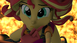 Size: 1920x1080 | Tagged: safe, artist:ontheedgeht, derpibooru import, sunset shimmer, equestria girls, g4, cheek pinch, cliffhanger, fire