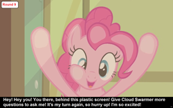 Size: 1920x1204 | Tagged: safe, derpibooru import, edit, edited screencap, screencap, pinkie pie, earth pony, pony, comic:celestia's servant interview, baby cakes, g4, season 2, against glass, breaking the fourth wall, caption, cs captions, cute, diapinkes, female, glass, image macro, interview, lol, mare, pinkie being pinkie, solo, talking to viewer, text, underhoof