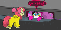 Size: 3921x1940 | Tagged: safe, artist:hayley566, derpibooru import, apple bloom, pinkie pie, earth pony, pony, g4, :3, clown, eternal night au (janegumball), female, filly, foal, it, mare, nightmare pinkie, nightmare takeover timeline, nightmarified, pennywise, pinkiewise, rain, raincoat, sewer, speech bubble, storm drain, street, this will end in death