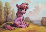 Size: 1058x724 | Tagged: safe, artist:yidwags, derpibooru import, berry punch, berryshine, earth pony, pony, g4, autumn, female, forest, hill, looking sideways, mare, nature, sitting, smiling, solo, tree
