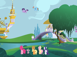 Size: 1920x1435 | Tagged: safe, derpibooru import, edit, edited screencap, screencap, applejack, fluttershy, pinkie pie, rainbow dash, rarity, spike, twilight sparkle, twilight sparkle (alicorn), alicorn, dragon, earth pony, pegasus, pony, unicorn, g4, princess twilight sparkle (episode), bridge, composite screencap, horn, mane seven, mane six, river, tree, water