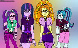 Size: 2560x1586 | Tagged: safe, artist:rdj1995, derpibooru import, adagio dazzle, aria blaze, sonata dusk, twilight sparkle, equestria girls, g4, gradient background, modeling, the dazzlings