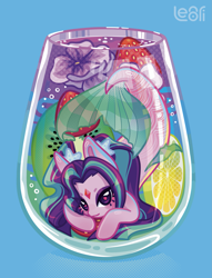 Size: 1517x1989 | Tagged: safe, artist:lenori, derpibooru import, adagio dazzle, aria blaze, sonata dusk, mermaid, merpony, pony, seapony (g4), siren, equestria girls, g4, alcohol, blue background, bubble, cocktail, cocktail glass, colorful, drink, eyeshadow, female, fish tail, flowing mane, flowing tail, food, fruit, gem, juice, kiwi fruit, lemon, lemonade, lidded eyes, looking at you, makeup, mermaidized, scales, simple background, smiling, smiling at you, solo, species swap, starfish, strawberry, swimming, tail, the dazzlings, underwater, water