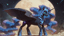Size: 2736x1536 | Tagged: safe, ai content, derpibooru import, generator:pony diffusion v6 xl, generator:stable diffusion, machine learning generated, nightmare moon, alicorn, pony, g4, armor, female, full moon, jewelry, mare, moon, night, prompter:oranzinispegasiukas, regalia, solo, teary eyes