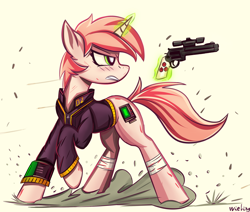 Size: 2300x1950 | Tagged: safe, artist:weiling, derpibooru import, oc, oc only, oc:littlepip, pony, unicorn, fallout equestria, bandage, clothes, fanfic art, female, glowing, glowing horn, gun, handgun, horn, jumpsuit, little macintosh, mare, pistol, revolver, simple background, solo, vault suit, weapon