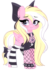 Size: 1394x1840 | Tagged: safe, artist:emberslament, derpibooru import, oc, oc only, oc:bay breeze, pegasus, pony, blushing, bow, bracelet, choker, clothes, cute, ear piercing, eyebrow piercing, eyeliner, eyeshadow, female, fishnet clothing, fishnet stockings, goth, hair bow, heart, heart eyes, jewelry, lip piercing, long mane, makeup, mare, necklace, pegasus oc, piercing, shirt, snake bites, socks, stockings, striped socks, tail, tail wrap, thigh highs, wingding eyes