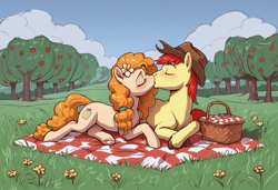 Size: 1824x1248 | Tagged: safe, ai content, derpibooru import, generator:stable diffusion, machine learning generated, bright mac, pear butter, earth pony, pony, g4, apple, apple tree, basket, blushing, brightbutter, cloud, cowboy hat, duo, duo male and female, eyes closed, female, flower, flower in hair, food, generator:autismmix pony, grass, grass field, hat, kiss on the lips, kissing, lying down, male, mare, outdoors, picnic basket, picnic blanket, prompter:tyto4tme4l, prone, shipping, sky, stallion, stetson, straight, sweet apple acres, tree, unshorn fetlocks
