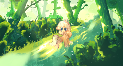 Size: 2160x1157 | Tagged: safe, artist:miwq, derpibooru exclusive, derpibooru import, oc, oc only, oc:tumbleweed, earth pony, pony, cute, forest, nature, solo, sunlight, tree
