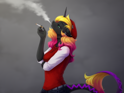 Size: 2656x2000 | Tagged: safe, artist:sparkling_light, derpibooru import, oc, anthro, unicorn, cigarette, horn, smoke, solo