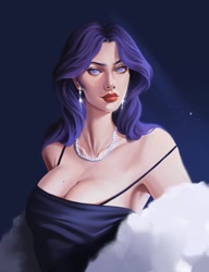 Size: 985x1280 | Tagged: safe, artist:llockdoown, derpibooru import, rarity, human, g4, alternate hairstyle, armpits, bare shoulders, breasts, clothes, dress, ear piercing, earring, eyeshadow, female, fur coat, humanized, jewelry, lipstick, makeup, necklace, piercing, raritits, solo