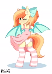 Size: 1448x2048 | Tagged: safe, artist:chickenbrony, derpibooru import, oc, oc only, oc:sunshine drift, bat pony, semi-anthro, bat pony oc, bipedal, blushing, bow, butt, clothes, dress, ear fluff, ears, embarrassed, female, hair bow, looking back, mare, one eye closed, panties, pink dress, pink socks, plot, ponytail, signature, simple background, skirt, socks, solo, spread wings, striped socks, underwear, upskirt, white background, white underwear, wings