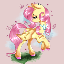 Size: 3000x3000 | Tagged: safe, artist:toxikil, derpibooru import, fluttershy, butterfly, pegasus, pony, g4, bipedal, blushing, bow, cute, female, full body, fully shaded, neck bow, nudity, piercing, pony pussy, shading, shiny hooves, shiny mane, shy, simple background, solo, sparkly, sparkly eyes, sparkly mane, spread wings, vulva, wingding eyes, wings