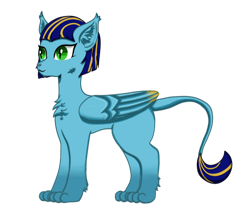 Size: 1280x1098 | Tagged: safe, artist:nismorose, derpibooru import, oc, oc only, sphinx, blue mane, cat nose, cat paws, cheek fluff, chest fluff, colored wings, ear fluff, ears, female, green eyes, leg fluff, mare, multicolored hair, multicolored mane, multicolored wings, paws, simple background, slit eyes, transparent background, wings