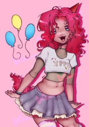 Size: 1241x1754 | Tagged: safe, artist:xenerenel, derpibooru import, pinkie pie, human, g4, belly button, bracelet, clothes, dark skin, eared humanization, female, humanized, jewelry, midriff, open mouth, pink background, shirt, simple background, skirt, socks, solo, stockings, striped socks, t-shirt, thigh highs, wristband