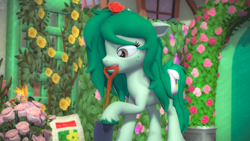 Size: 3840x2160 | Tagged: safe, artist:silkworm205, derpibooru import, wallflower blush, earth pony, pony, g4, 3d, digging, downloadable, ears, female, floppy ears, flower, fluffy mane, fluffy tail, freckles, garden, gardening, outdoors, revamped ponies, shovel, solo, solo female, source filmmaker, source filmmaker resource, tail