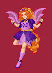 Size: 1280x1793 | Tagged: safe, artist:tinypurplebrush, derpibooru import, adagio dazzle, equestria girls, g4, belt, boots, clothes, deviantart watermark, dress, evil grin, female, gem, grin, high heel boots, jacket, obtrusive watermark, red background, red eyes take warning, shoes, simple background, siren gem, smiling, solo, spiked wristband, watermark, wristband