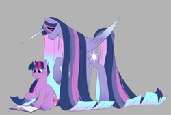 Size: 2483x1667 | Tagged: safe, artist:aztrial, derpibooru import, princess twilight 2.0, twilight sparkle, twilight sparkle (alicorn), unicorn twilight, alicorn, pony, unicorn, g4, book, duality, gray background, long mane, older, older twilight, older twilight sparkle (alicorn), self paradox, self ponidox, simple background