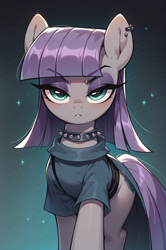 Size: 1832x2760 | Tagged: safe, ai content, derpibooru import, machine learning generated, maud pie, earth pony, pony, g4, blush lines, blushing, collar, ear piercing, eyebrows, eyebrows visible through hair, female, frown, lidded eyes, looking at you, mare, palindrome get, piercing, prompter:kuporosso, simple background, solo, sparkles, spiked collar