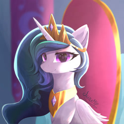 Size: 2000x2000 | Tagged: safe, artist:jxxnxmlp, derpibooru import, princess celestia, alicorn, pony, g4, bust, female, mare, peytral, portrait, signature, smiling, solo, throne, throne room