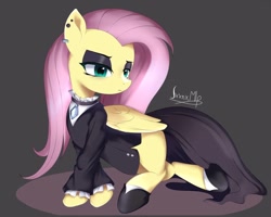 Size: 1250x1000 | Tagged: safe, artist:jxxnxmlp, derpibooru import, fluttershy, pegasus, pony, fake it 'til you make it, g4, dark background, female, fluttergoth, lying down, mare, prone, signature, solo