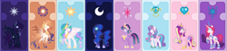 Size: 3625x822 | Tagged: safe, artist:snowflakefrostyt, derpibooru import, princess amore, princess cadance, princess celestia, princess flurry heart, princess luna, twilight sparkle, twilight sparkle (alicorn), oc, oc:king cosmos, oc:queen galaxia, alicorn, pony, alicorn pentarchy, concave belly, crown, ethereal mane, ethereal tail, height difference, hoof shoes, jewelry, long mane, long tail, older, peytral, physique difference, princess shoes, regalia, slender, tail, tall, thin